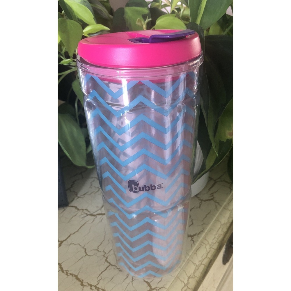 Bubba Insulated Plastic Tumbler Cup 24 oz Clear W/Blue Chevron Pink Lid Travel